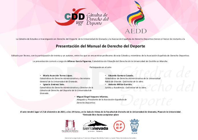 Presentación oficial de obra colectiva Manual de Derecho del Deporte (Tecnos, Madrid, 2021) en Universidad de Granada (España)