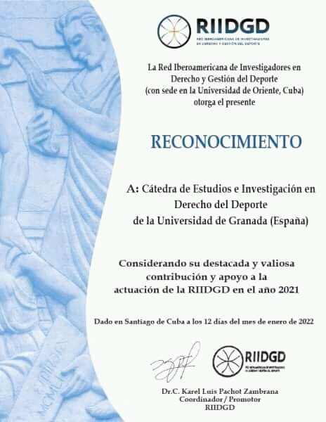 Universidad de Granada  (España) celebra Reconocimiento institucional de la RIIDGD a la Cátedra de Derecho Deportivo