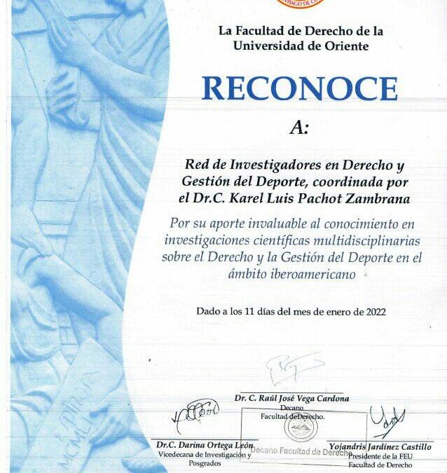 Recibe la RIIDGD un Reconocimiento de la Facultad de Derecho de la Universidad de Oriente (Cuba)