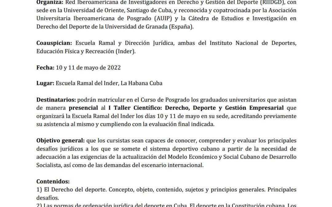 Curso de posgrado “Desafíos jurídicos del sistema deportivo cubano” convocado por la RIIDGD (Cuba)