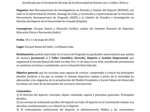 Curso de posgrado “Desafíos jurídicos del sistema deportivo cubano” convocado por la RIIDGD (Cuba)