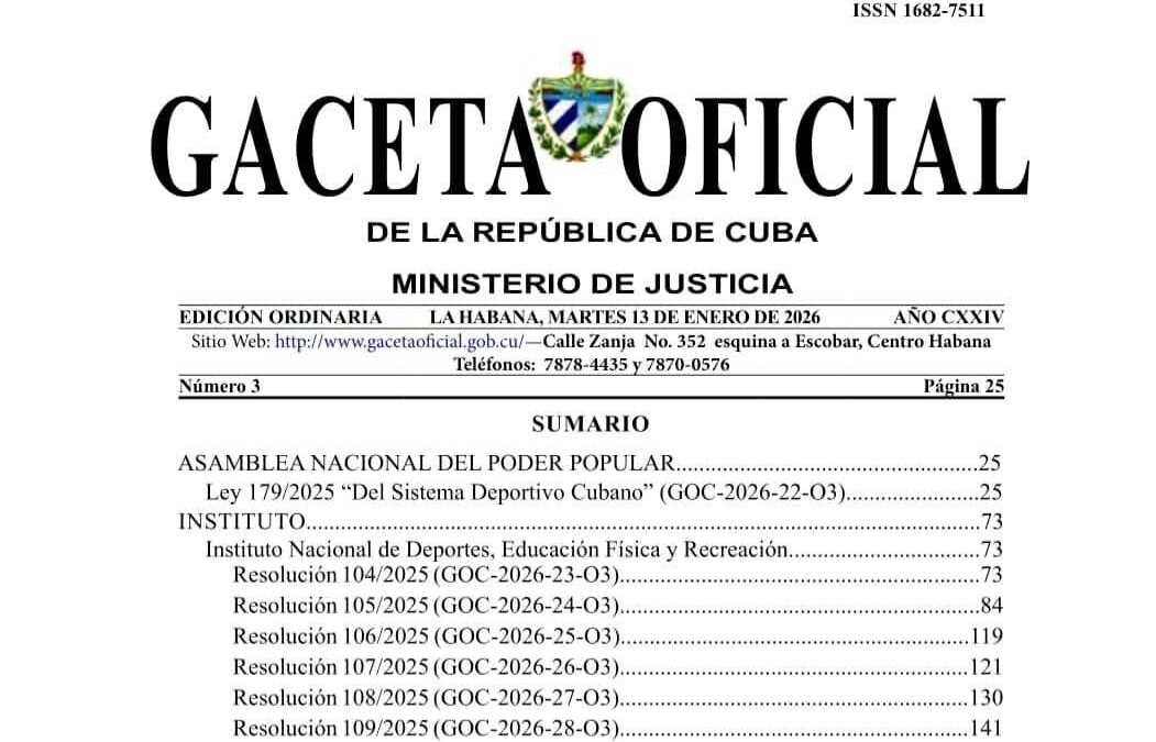 Entró en vigor Ley 179 “Del Sistema Deportivo Cubano” (Cuba)
